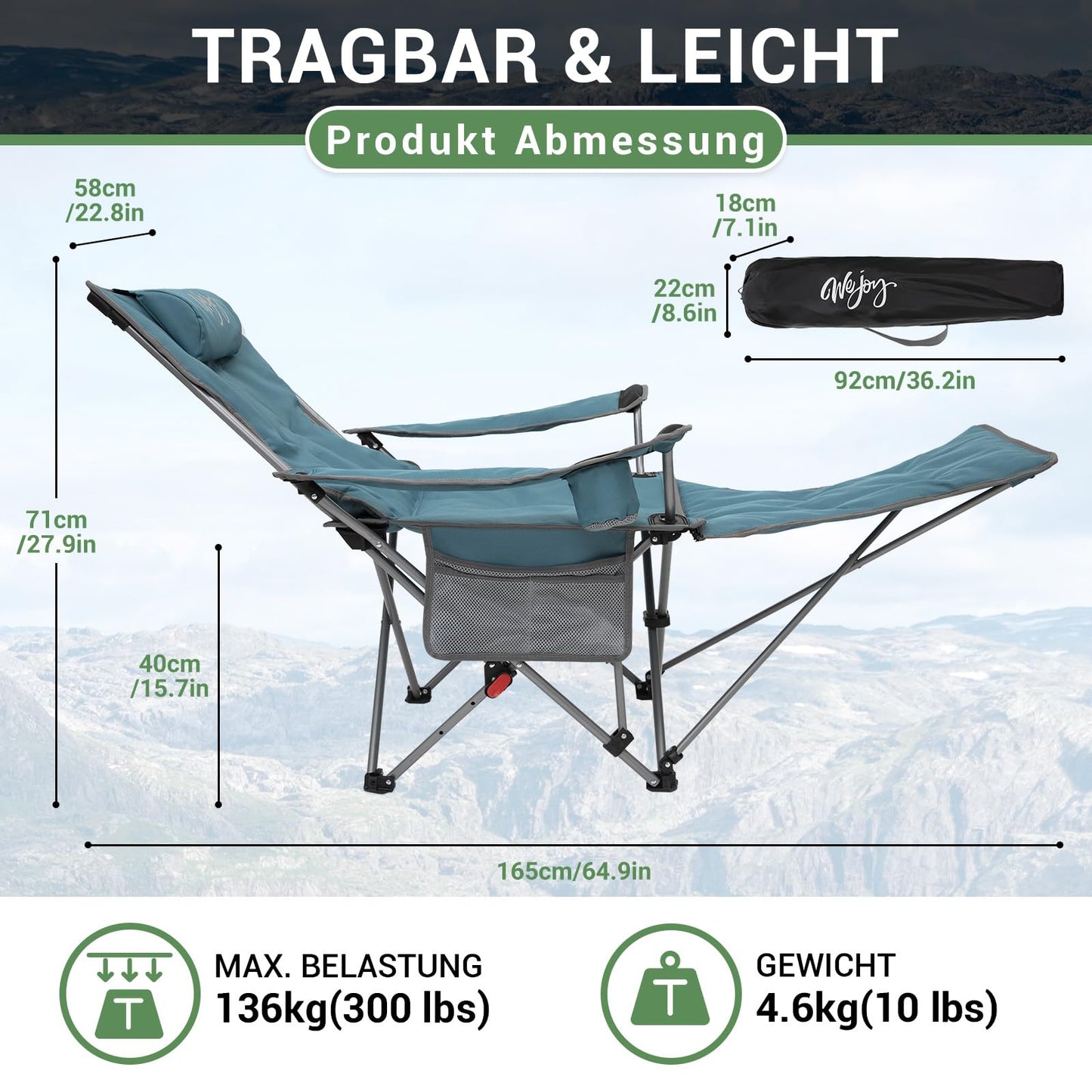 #WEJOY 2-in-1 camping chair with footrest, padded recliner with adjustable backrest, lounge chair with cup holder, perfect for outdoor camping in cyan color. Set includes 2 chairs.