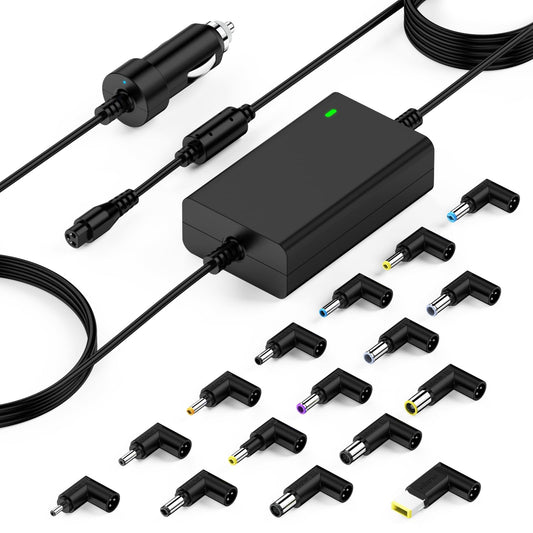 90W Universal Car Laptop Charger DC Adapter for HP Pavilion Acer Aspire Swift ASUS Vivobook Lenovo Ideapad Dell Sony Toshiba Samsung JBL Fujitsu Medion Tablets with 16 adapter plugs.