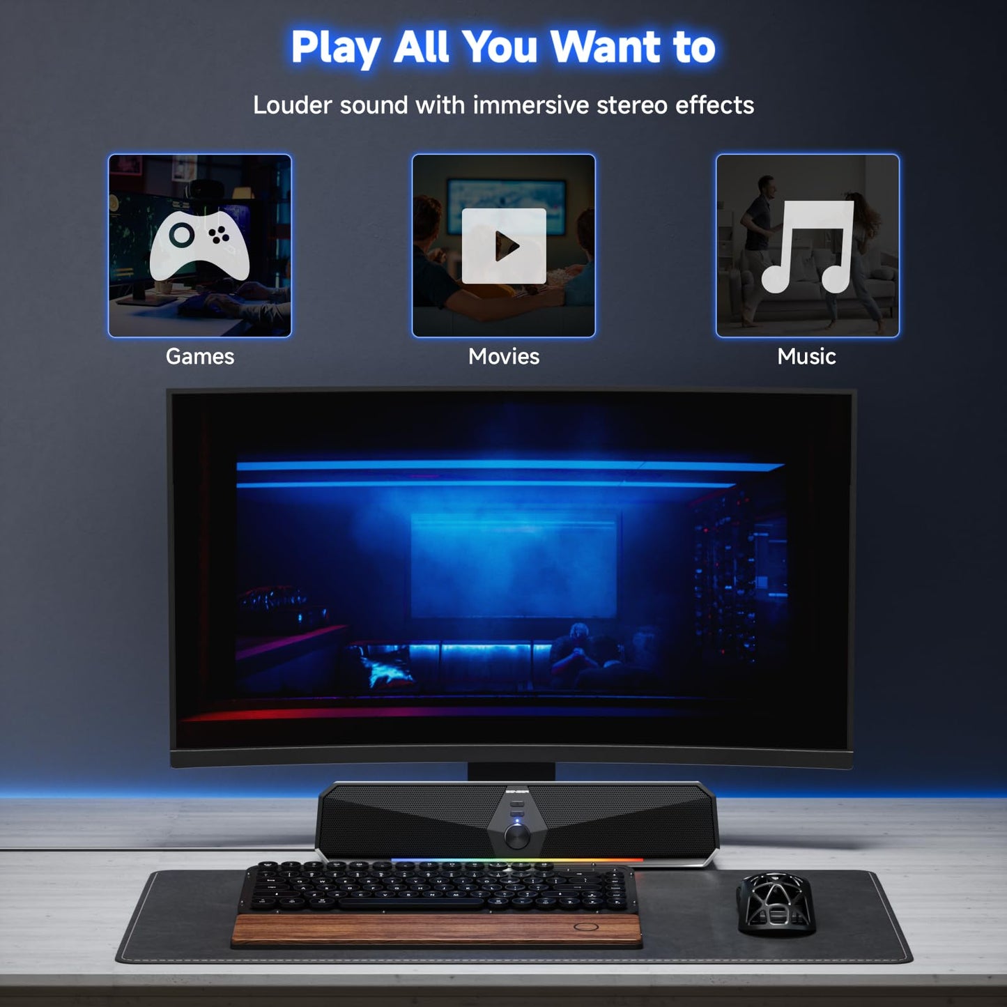 SENZER CS30 PC speakers, speakers for PC computer, black PC soundbar, USB powered, and Bluetooth mode for smartphones and mobile devices. Works for PC (not 3.5mm jack).