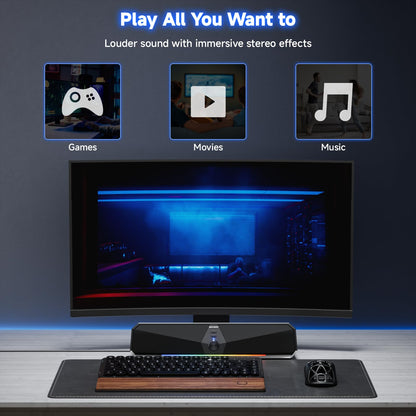 SENZER CS30 PC speakers, speakers for PC computer, black PC soundbar, USB powered, and Bluetooth mode for smartphones and mobile devices. Works for PC (not 3.5mm jack).