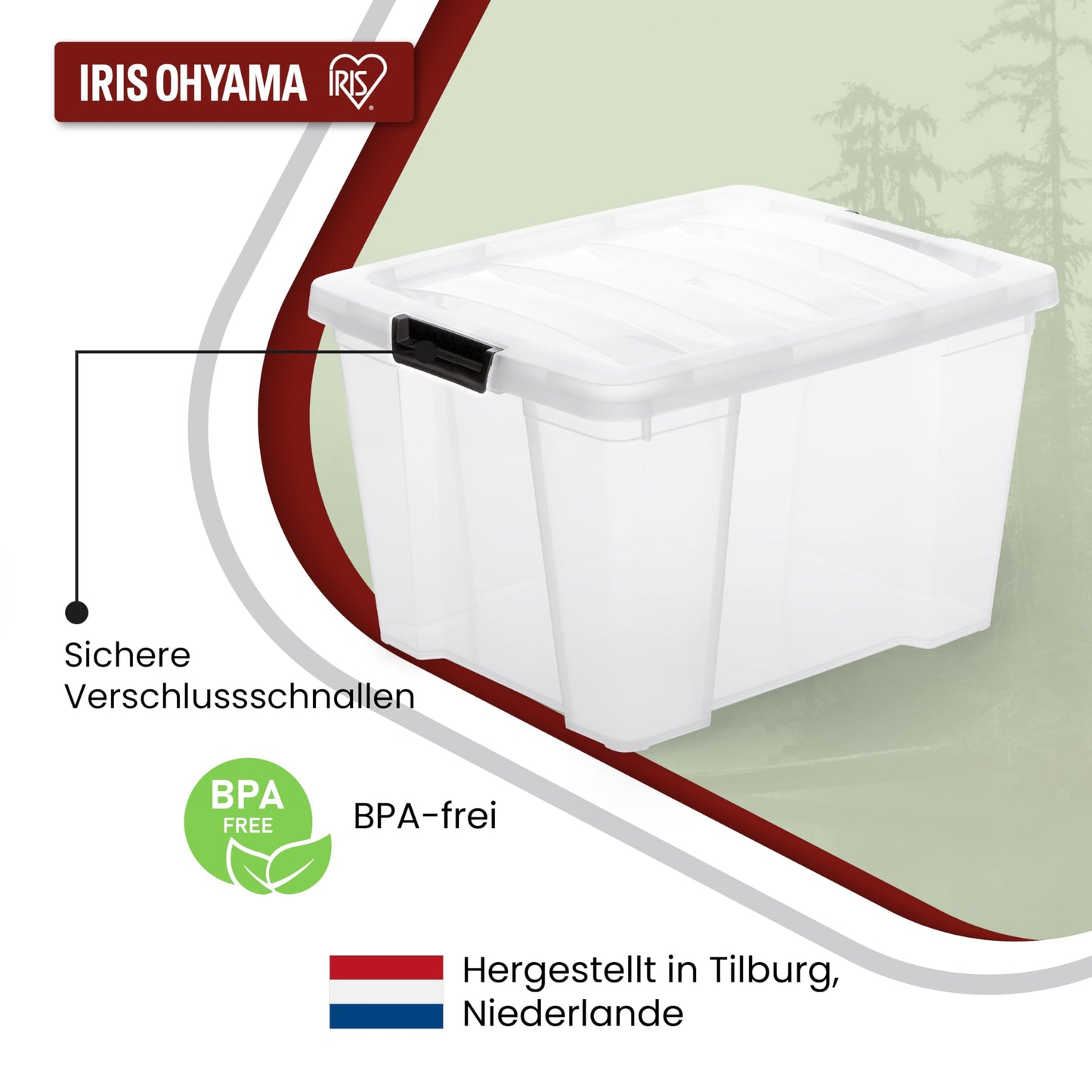 Iris Ohyama storage boxes with lids, 30L, 3-pack, Transparent, Secure closure, Stackable, Handles, Bedroom, Closet, Office, Organization, BPA-free plastic, Storage containers, HB-30