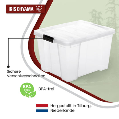 Iris Ohyama storage boxes with lids, 30L, 3-pack, Transparent, Secure closure, Stackable, Handles, Bedroom, Closet, Office, Organization, BPA-free plastic, Storage containers, HB-30