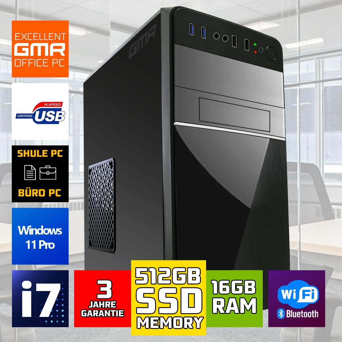 Intel i7 - Business Office Multimedia Computer with 3 years warranty! | 16GB RAM | 512GB SSD | USB3.0 | Windows 11 Prof. 64-Bit | WiFi 600 and Bluetooth 5