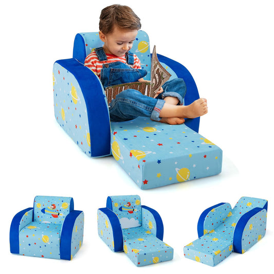 COSTWAY 3 in 1 Kids Sofa Foldable, Upholstered Velvet Children's Armchair, Kids Sleeper Sofa with Removable Protective Cover, Kids Couch for Children up to 5 Years (Spaceship)