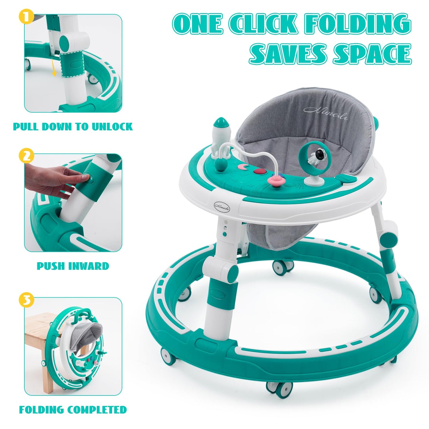 3 in 1 baby walker, height adjustable & foldable, with over-rolling walking wheels, stable tray, and toy center. Suitable for babies from 6 months old. (Blue)