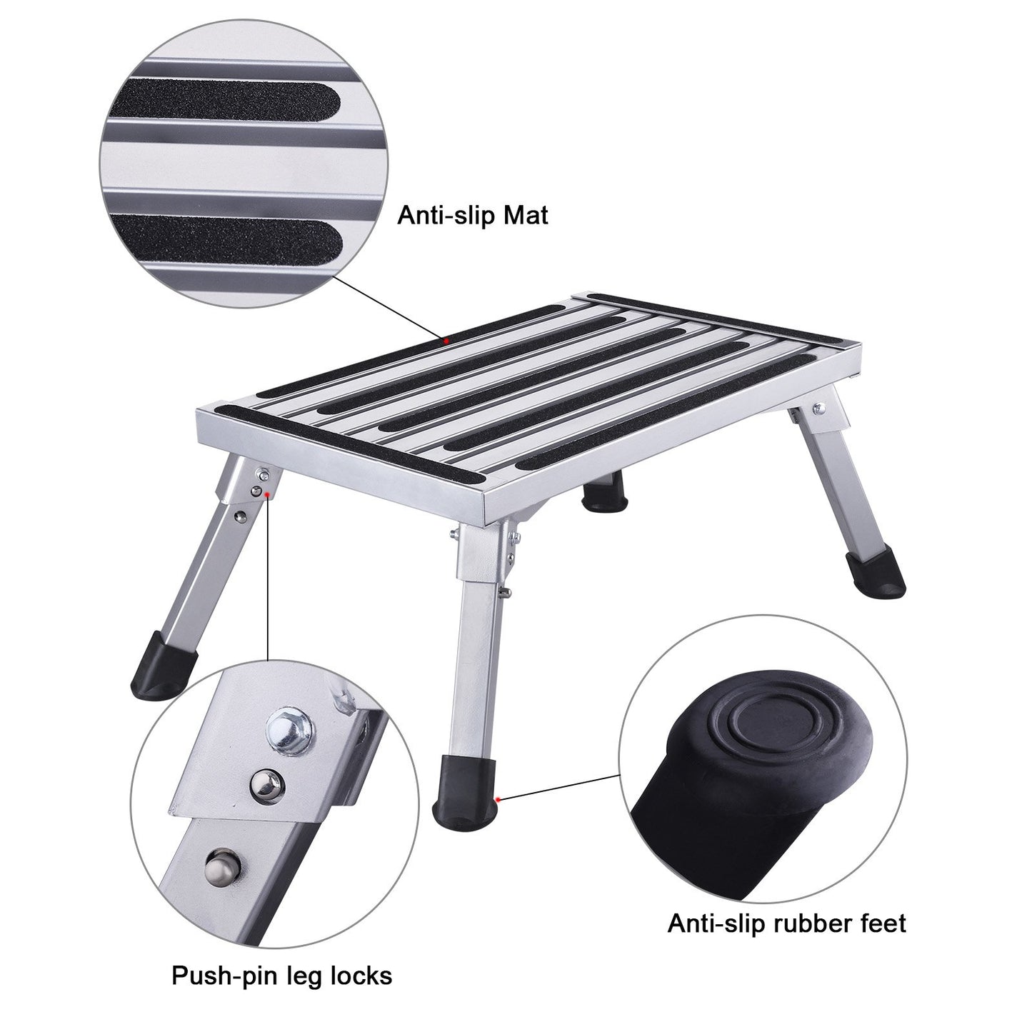 HDM 47x30x23cm Aluminum Folding Step Stool Stepladder 1 Step Work Platform Max Load 150 kg for Kitchen, Bathroom, Camping and more, Foldable Stool with Anti-slip Mat
