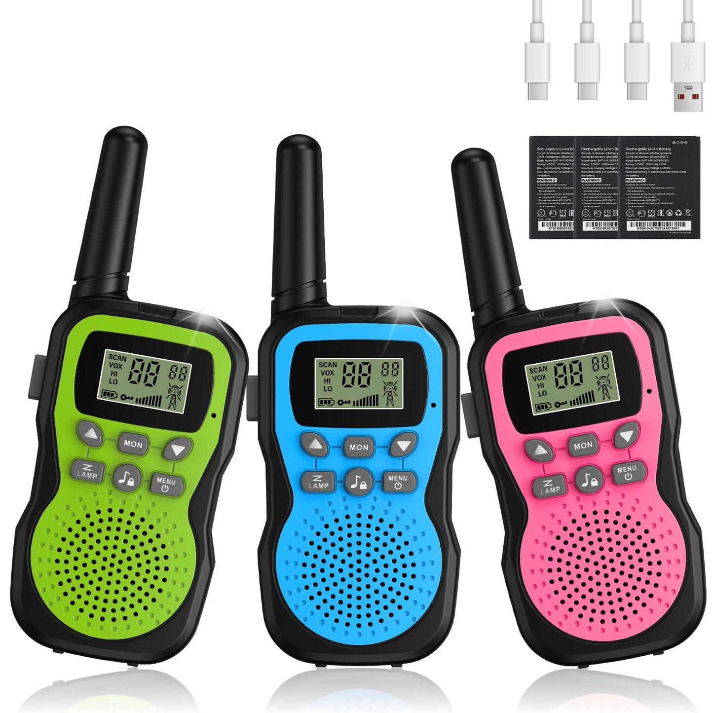 Walkie Talkie Kids 3-pack, Apkezel Walky Talky with 1000mAh rechargeable battery, long range 3km walkie talkie radios with VOX flashlight for outdoor, camping, hiking.