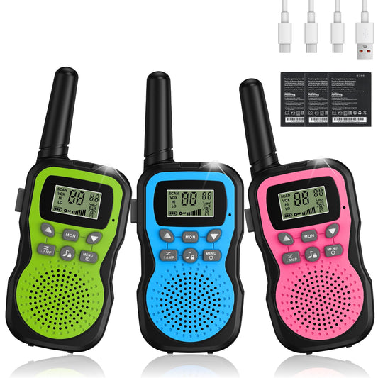 Walkie Talkie Kids 3-pack, Apkezel Walky Talky with 1000mAh rechargeable battery, long range 3km walkie talkie radios with VOX flashlight for outdoor, camping, hiking.