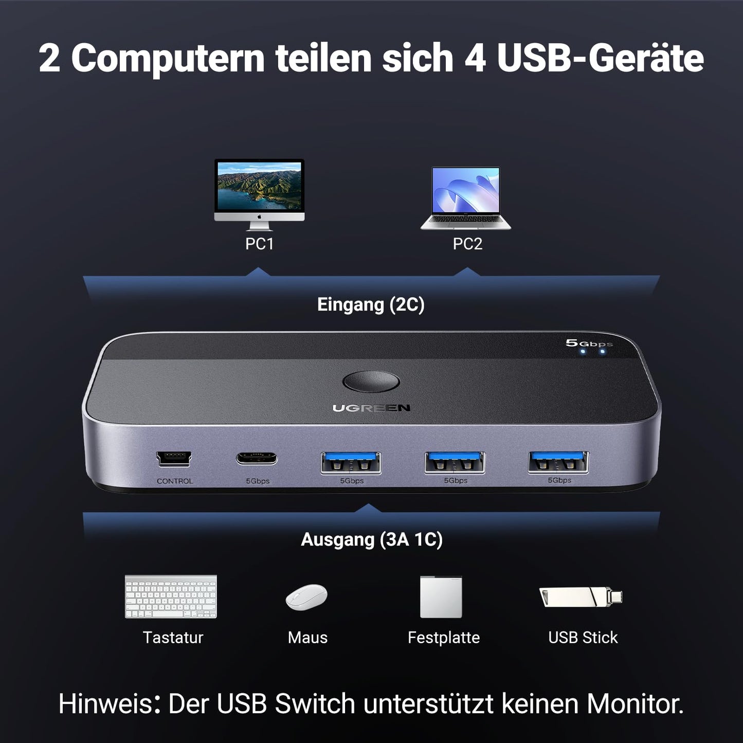 UGREEN USB C Switch 2PC USB Switch 3.0 with 1xUSB C Port and 3xUSB A Ports, 2 In 4 Out USB-C Switch USB Switch Aluminum Case with 2 USB-C to A/C cables for keyboard, mouse, printer, USB stick, etc.