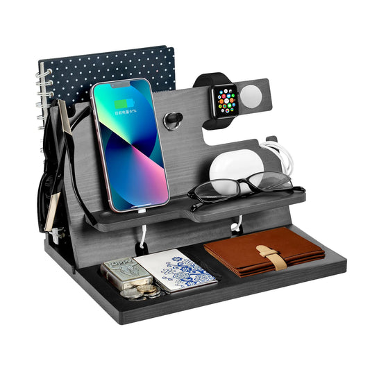 Gifts for men: birthday wooden phone docking station, watches, wallets, bedside organizer. Perfect for Christmas, birthday, or Father's Day. Wooden desk organizer for men.