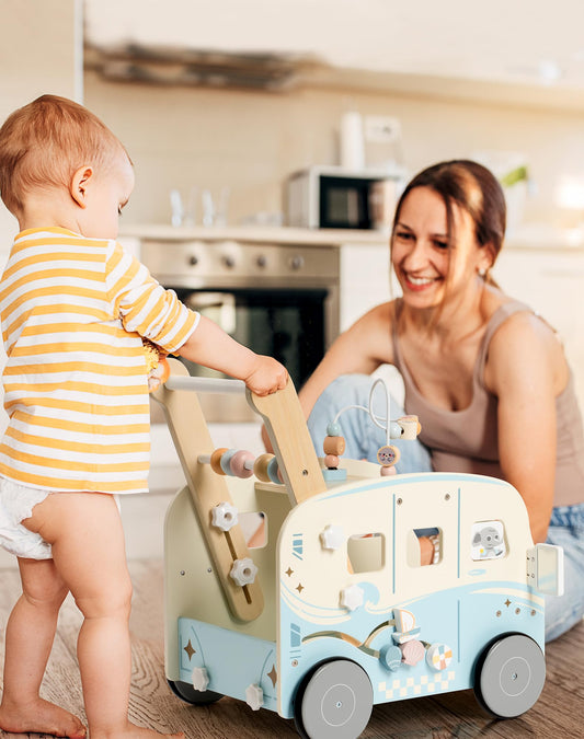 ROBUD wooden baby walker, multifunctional with wheels and building block toys, activity center set. Perfect gift for toddlers aged 10 months to 1-2 years.