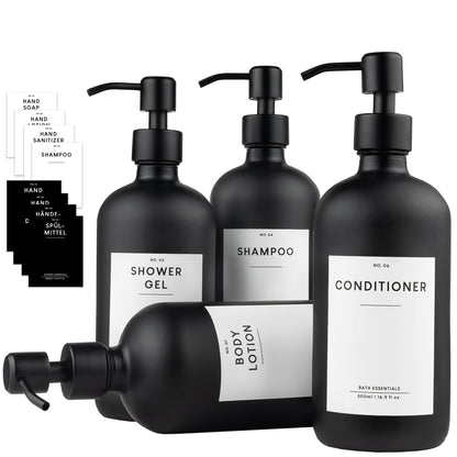 MONOKO 4-piece set soap dispenser matte black glass | 500ml shampoo bottles for filling | dish soap dispenser kitchen | dispenser pump head stainless steel | pump bottle + sticker