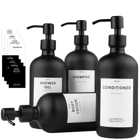 MONOKO 4-piece set soap dispenser matte black glass | 500ml shampoo bottles for filling | dish soap dispenser kitchen | dispenser pump head stainless steel | pump bottle + sticker