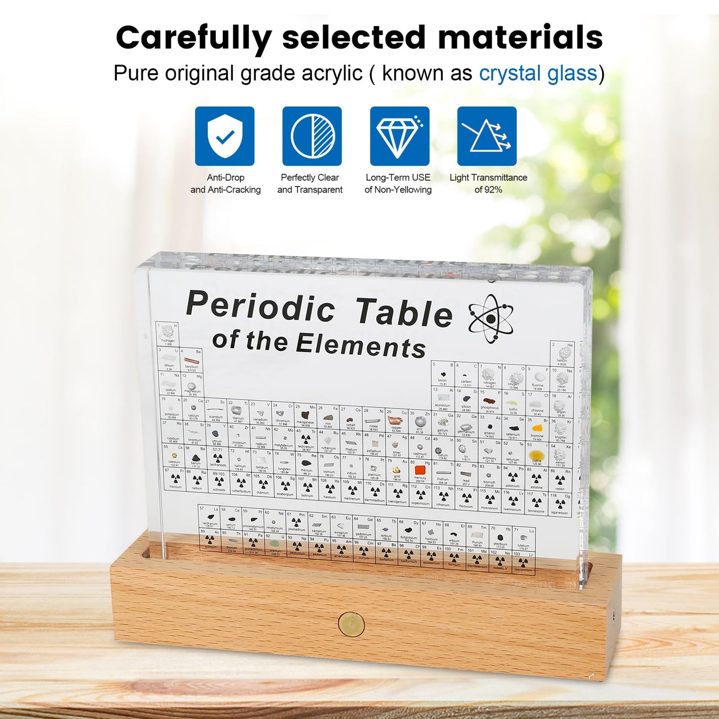 MENAYODA Large Periodic Table with Real Element Samples Inside, Acrylic Periodic Table of 83 Elements, Periodic Table Display for Students, Teachers, Kids, Gifts, Crafting, Decoration