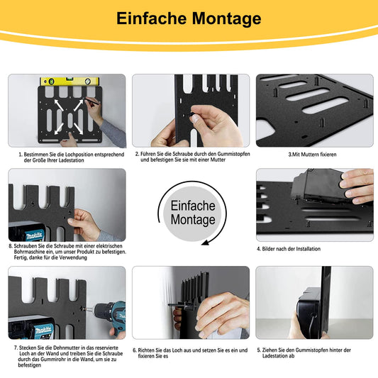 Bonna wall mount for Makita battery holders and chargers | Stable 4-slot battery holder 18V 14.4V and charger holder | Makita 2xDC18RC and 1xDC18RD | Organization in workshop and garage.