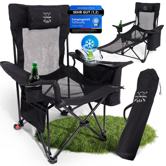 Faltbuddy® camping chair foldable & lounger collapsible 2in1 180kg black [XXL cooler bag] folding chair I collapsible chair I fishing chair camping lounger beach lounger foldable lightweight - angler beach festival outdoor