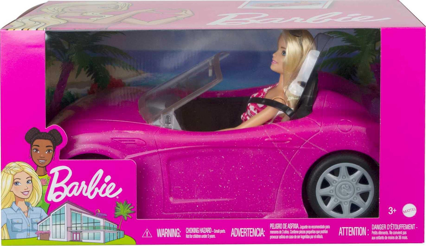 Barbie doll and pink glitter convertible with realistic tires logo, toy for ages 3 and up, DJR55.