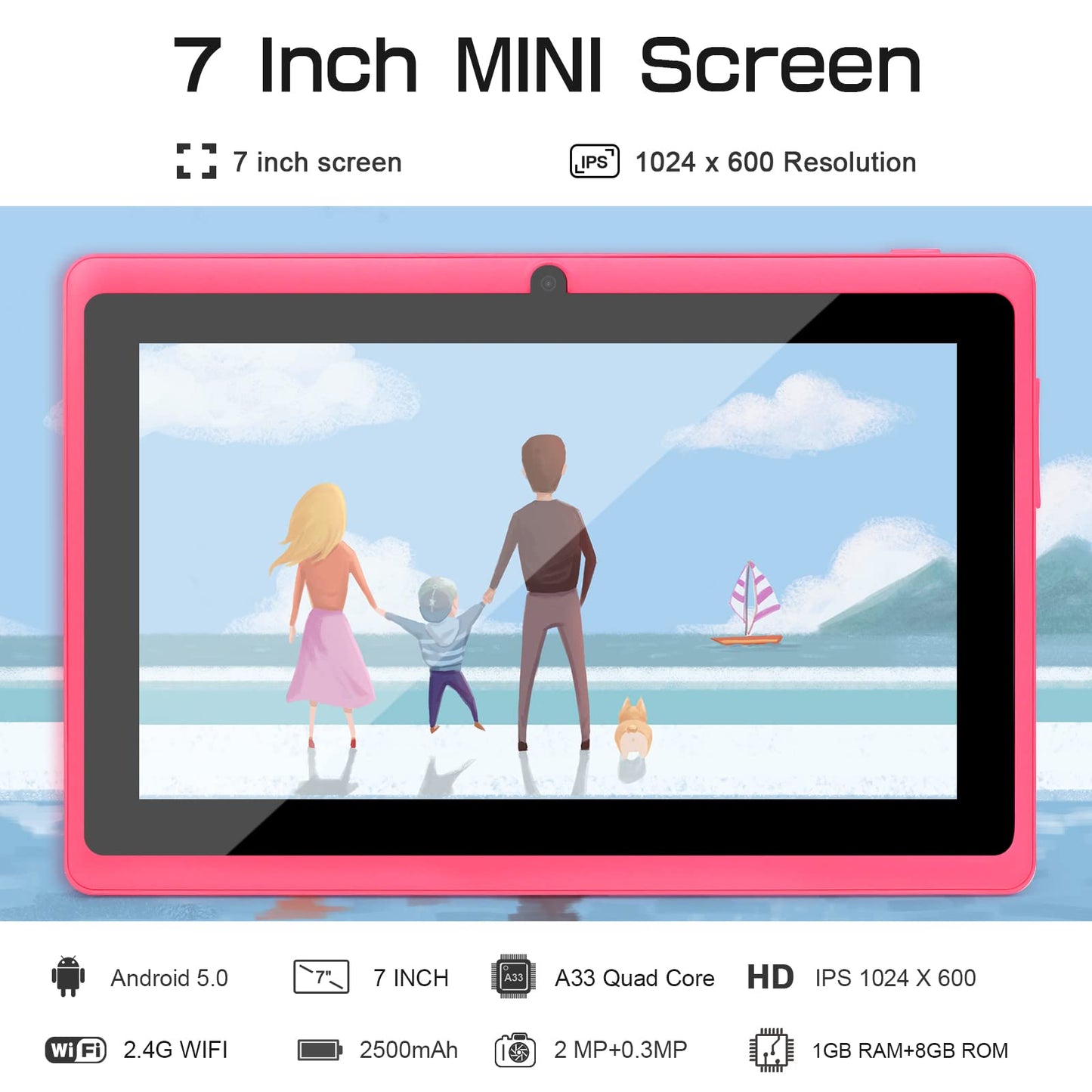 TopLuck 7-inch Android tablet with dual cameras, Wi-Fi, Bluetooth, GPS, in black.