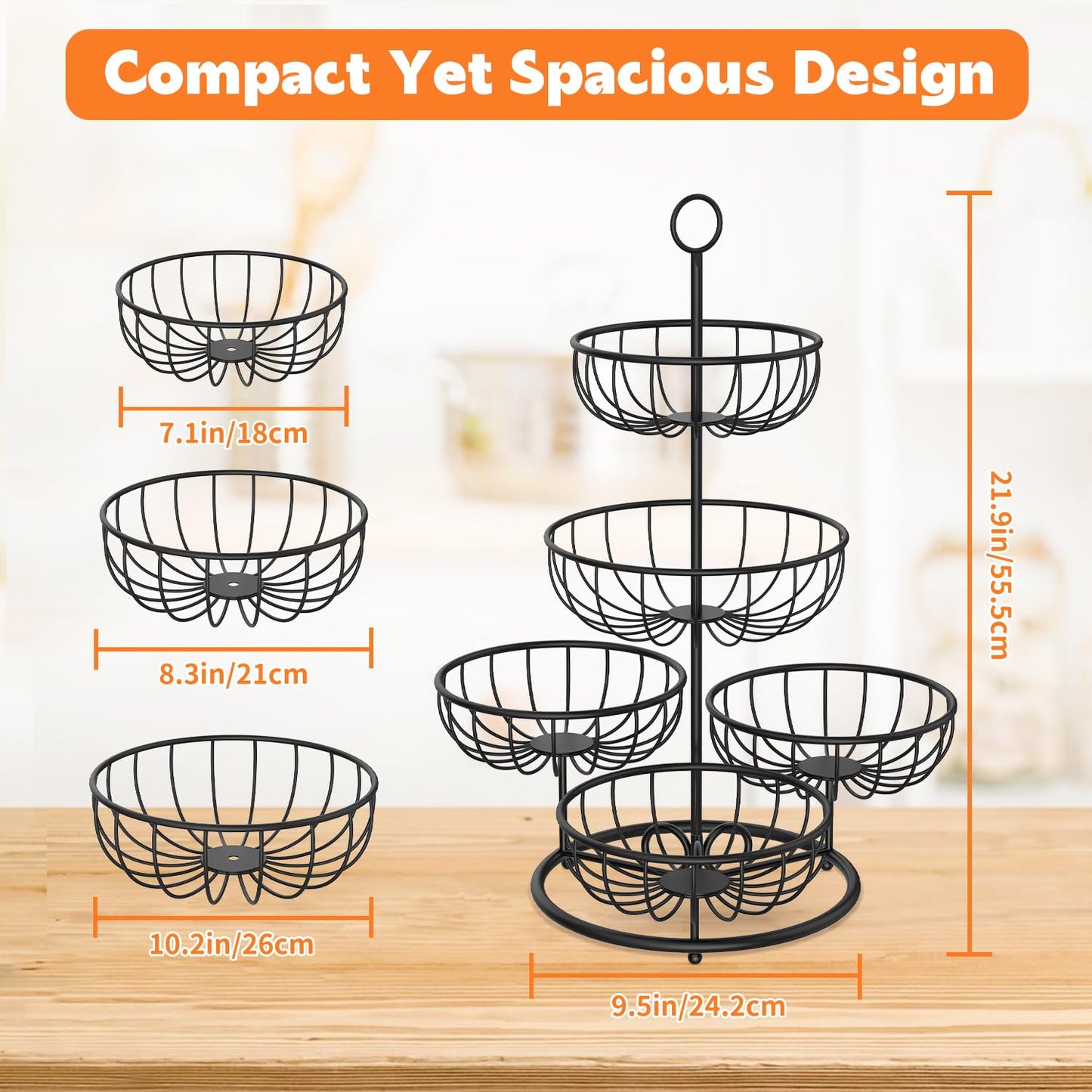 PouHenier.jh 5 floors Black Fruit Basket, Large Multi-layer Kitchen Vegetable Basket, High Metal Fruit Vegetable Stand Storage Fruit Rack, Modern Sturdy Square Fruit Container, Easy Setup