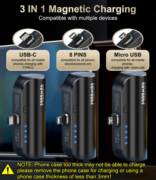 LUCKYDUO Portable Powerbank 5000mAh, 3 IN 1 Mini External Battery Wireless Power Bank, Fast Charging for iPhone/Type-c/Micro USB-A, Compact Small Portable Charger Compatible with iPhone