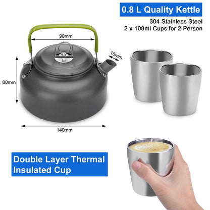 Odoland cookware set for 1-2 people, includes mini gas stove, portable aluminum pot, teapot, cups, foldable utensils. Perfect for camping, outdoor picnics, and hiking.