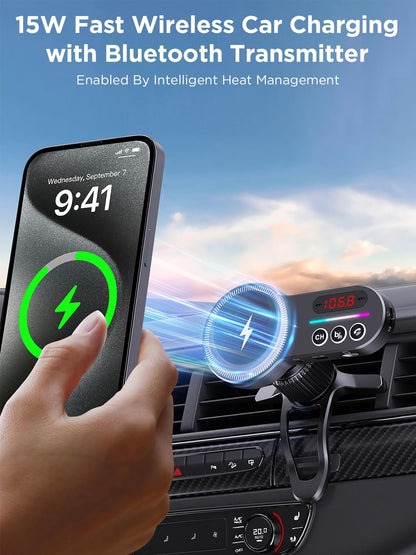 Gift for MagSafe Car Bluetooth Transmitter Mount, Black 20X Powerful Magnetic Phone Holder for iPhone, Bluetooth Car Adapter Hands Free, Easy to Install, 12 Months Warranty.