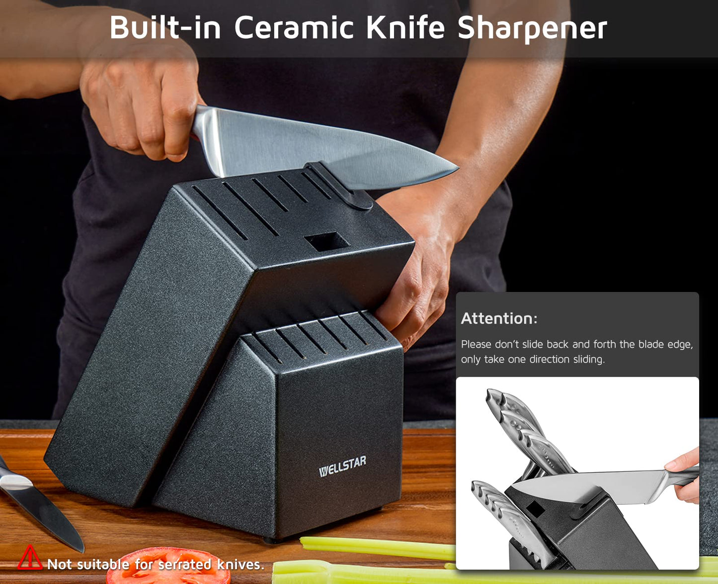 Knife block without knives, WELLSTAR Natural Wood Kitchen Knife Block without Knives – Hardwood Countertop Knife Storage with Built-In Knife Sharpener - Black
