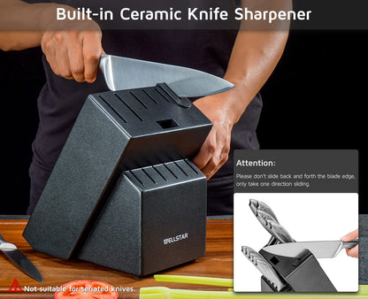 Knife block without knives, WELLSTAR Natural Wood Kitchen Knife Block without Knives – Hardwood Countertop Knife Storage with Built-In Knife Sharpener - Black