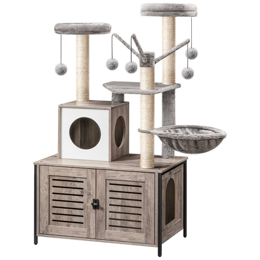 HOOBRO Cat Tree with litter box cabinet, cat tree tower, All-in-One cat furniture for indoors, hidden cat toilet furniture, 132 cm, detachable plush ball rods, Greige EBG14MZ03