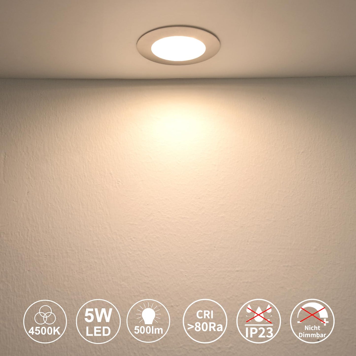 HiBay 6-pack LED recessed lights 230V Flat 5W LED Spot 60mm-68mm Round Nickel Neutral White Ceiling spots for living room kitchen office.