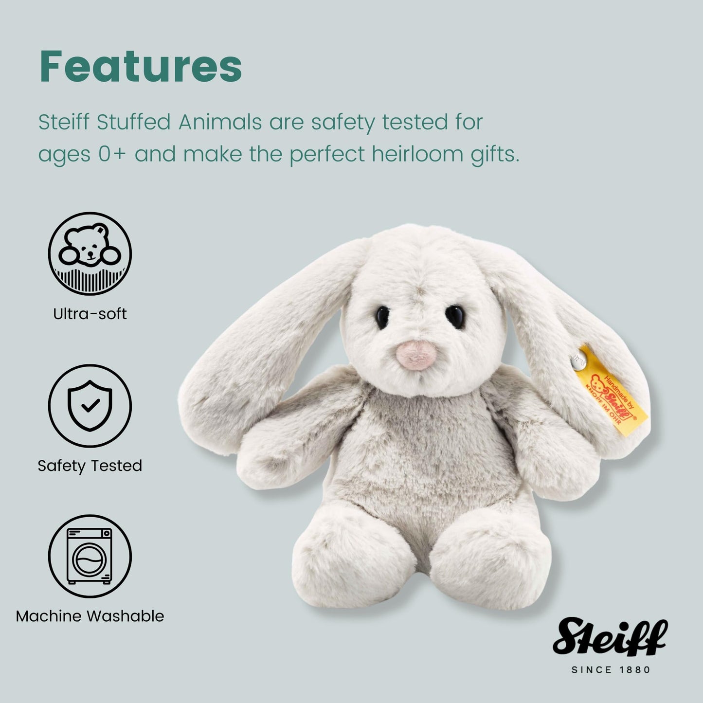 Steiff Hoppie Hare 18 cm light gray, plush toy hare with floppy ears, Soft Cuddly Friends, cuddly fabric animal for snuggling and playing, cuddly toy for girls and boys, machine washable