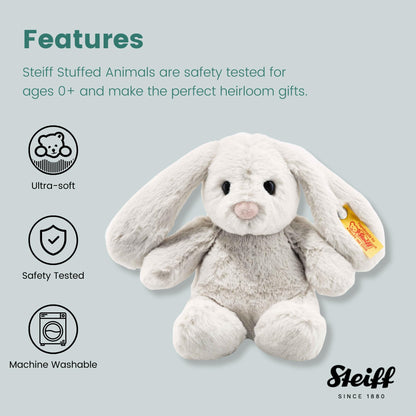 Steiff Hoppie Hare 18 cm light gray, plush toy hare with floppy ears, Soft Cuddly Friends, cuddly fabric animal for snuggling and playing, cuddly toy for girls and boys, machine washable