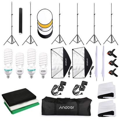 Andoer Photo Studio Kit, 1.8M x 2.7M Background Support System (Green Black White) with Softbox, Continuous Light, White Soft Light Umbrella, Reflector for Portraits, Product Photography, and Video Recording