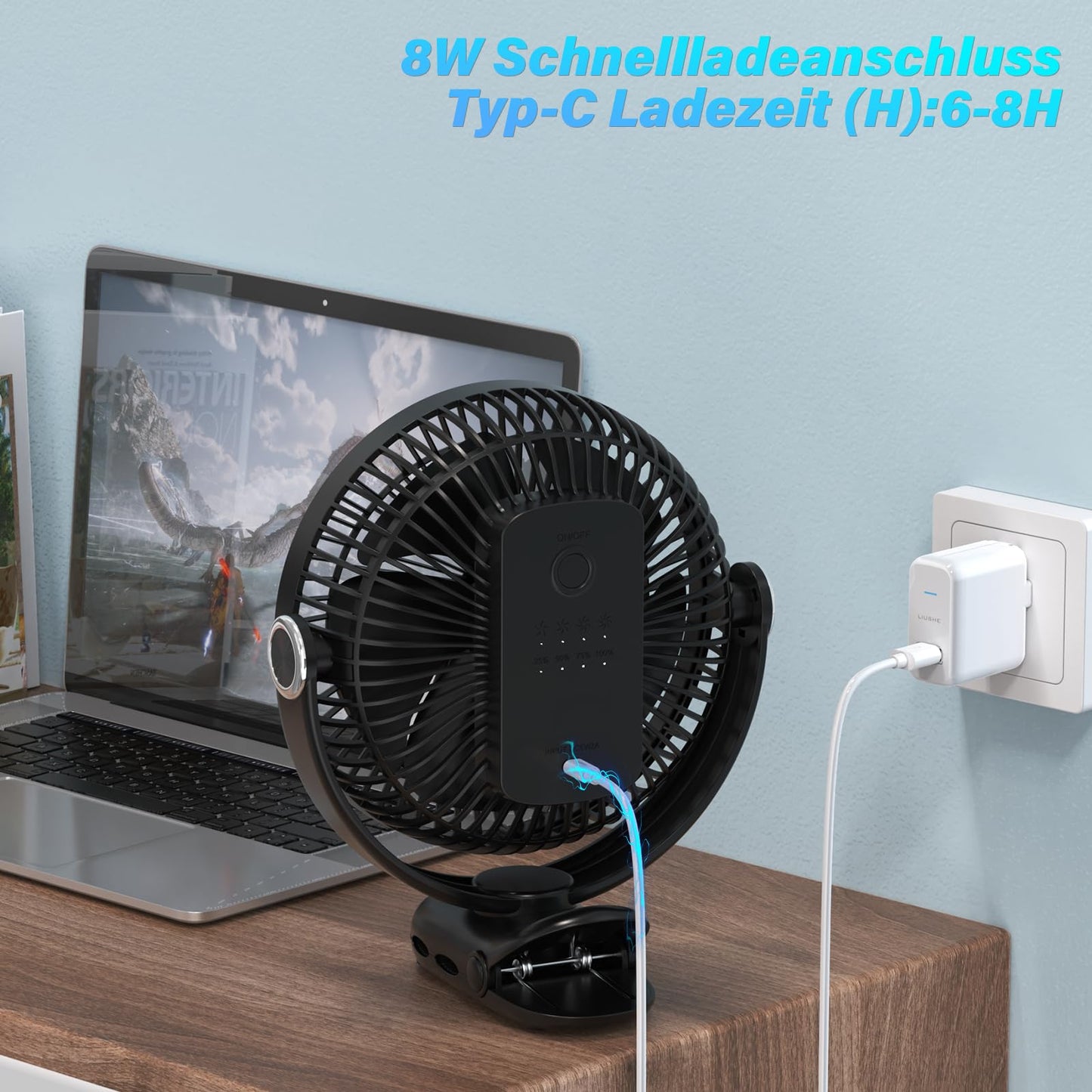 BIVBTP 20cm Portable Clip-On Fan, 12000mAh Battery Fan with Clip for strollers, 720 degree rotation, 4 speeds, USB desk fan for office, outdoor travel, camping (Black)