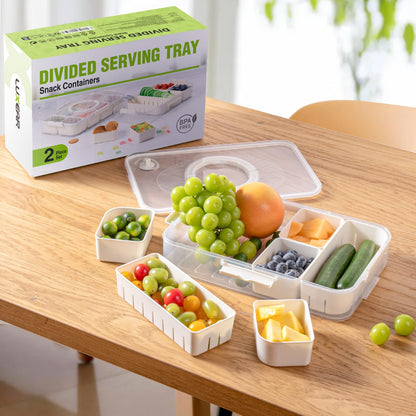 Luxear snackbox with 14 compartments, 2 sets of snack plates with lid and handle, reusable snack bowl for kids, snack container organizer for snacks, nuts, fruits, spices, for parties, picnics, dishwasher safe.