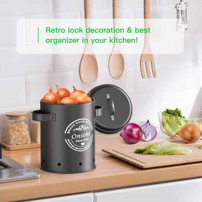 rokrust Potato storage box, onion pot, large metal storage container, kitchen, can store potatoes for a long time (Black)