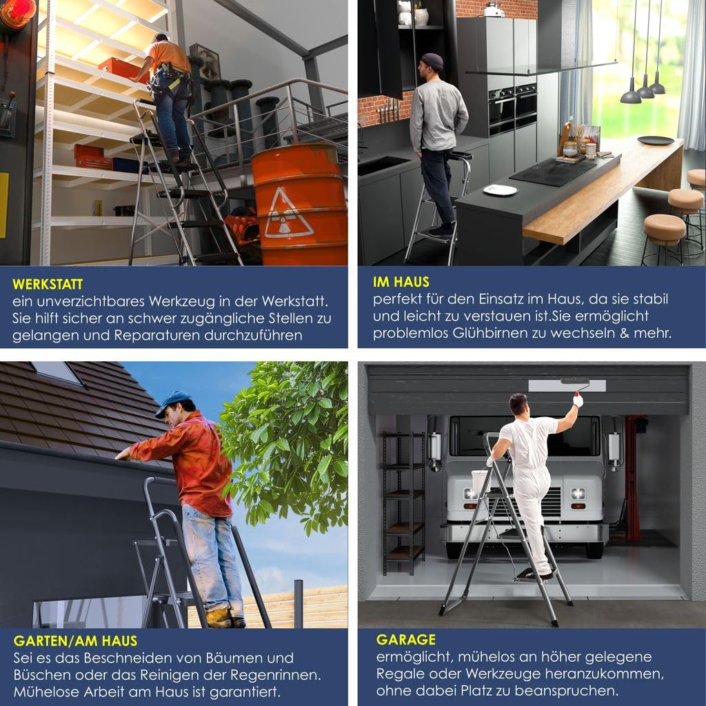 MASKO® Folding Step Ladder 3 Step ladder Step Ladder loadable up to 150 kg | Step Stool Anti-Slip | Folding Step Stool with Gloves, Tool Tray & Automatic Lock, Gray