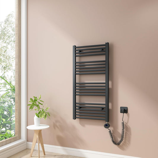 Heilmetz electric towel warmer 100x50cm with digital thermostat and timer function. Straight towel dryer in anthracite 500W.