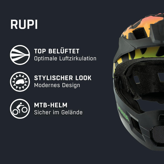 Alpina Rupi - Lightweight and secure full-face helmet for kids and teens, suitable for mountain biking beginners. Detachable chin guard, adjustable fit, optimal ventilation. Fading neon design, 50-55 cm.