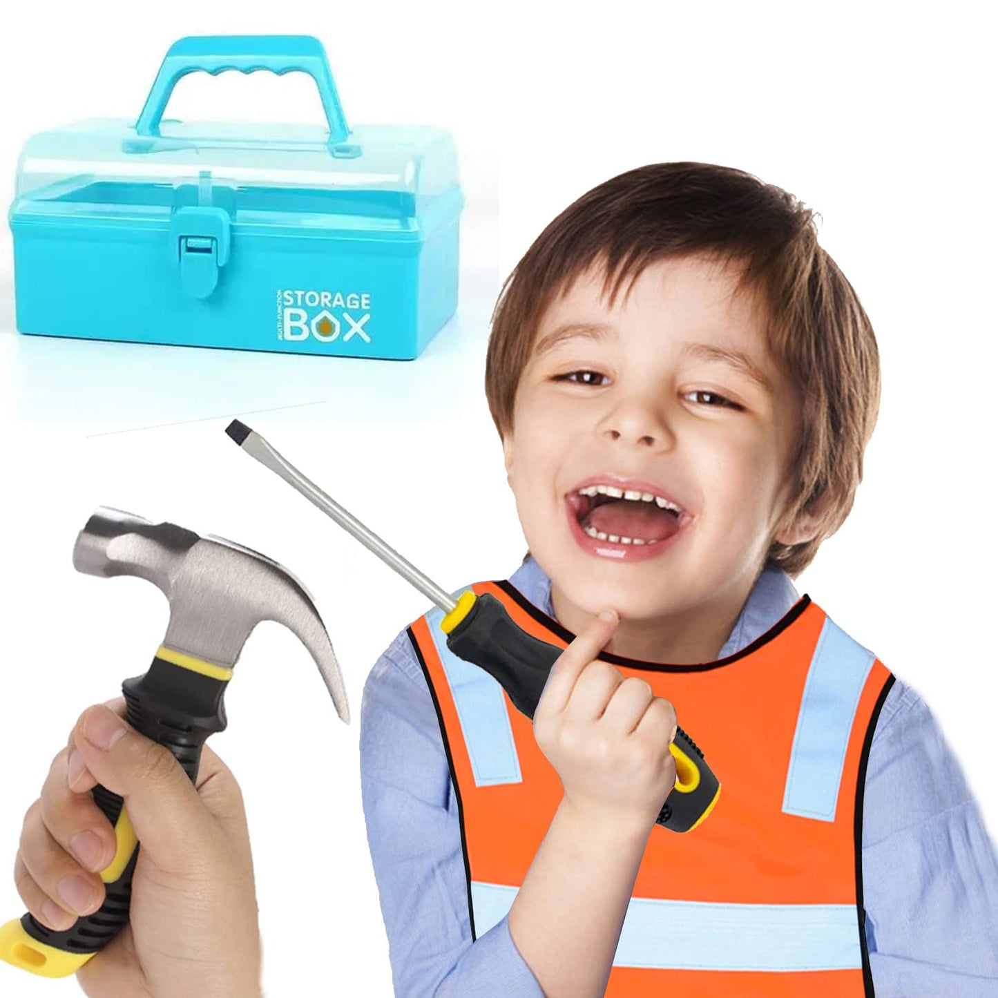 QeeHeng Real Tools for Kids - 20-piece construction tool set with blue toolbox and safety gear, woodworking tool set for beginners, educational gift