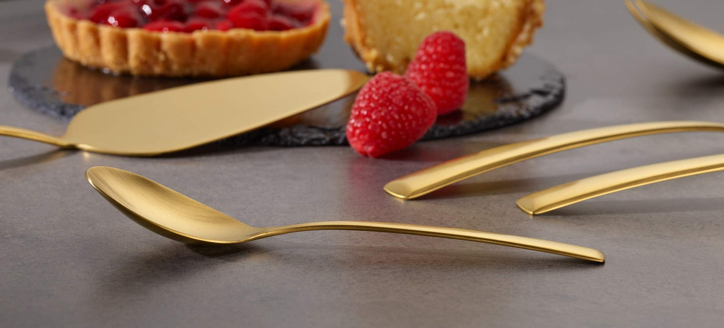 "Avelino" 68-piece PVD gold matte stainless steel flatware set by Echtwerk for 12 people. Includes storage case.