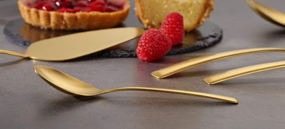 "Avelino" 68-piece PVD gold matte stainless steel flatware set by Echtwerk for 12 people. Includes storage case.