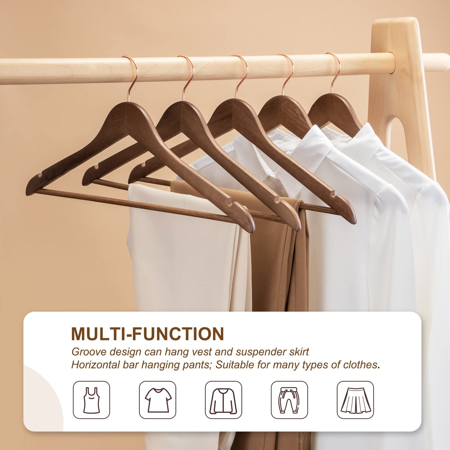 HOUSE DAY Wooden Hangers, 20 Pack Wood Clothes Hangers, Walnut Hangers for Suits, 360° Rotating Hook in Rose Gold, Non-Slip, Shoulder Notches.
