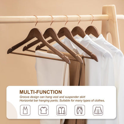 HOUSE DAY Wooden Hangers, 20 Pack Wood Clothes Hangers, Walnut Hangers for Suits, 360° Rotating Hook in Rose Gold, Non-Slip, Shoulder Notches.