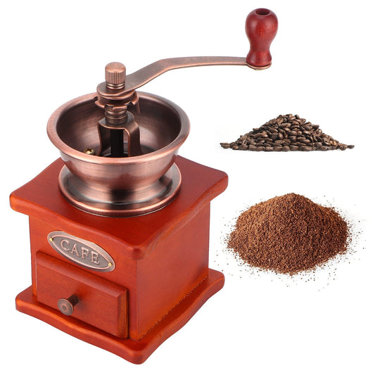 Manual coffee grinder, wooden hand mill with hand crank, coffee bean grinder, brown retro coffee grinder for drip coffee, French press.