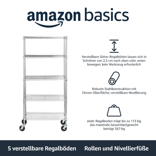 Amazon Basics 5-Shelf Storage Unit, Medium on 4-inch casters with adjustable shelves and leveling feet, max. 1,500 lbs, Chrome, 14 x 30 x 65 inches (D x W x H)