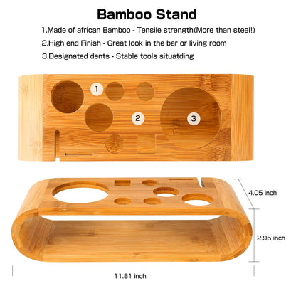 High-quality cocktail shaker set, 10-piece cocktail mixer set, made of stainless steel, with bamboo storage, including cocktail shaker, jigger, pourer, bar muddler, bar spoon, ice tongs, opener, jigger.