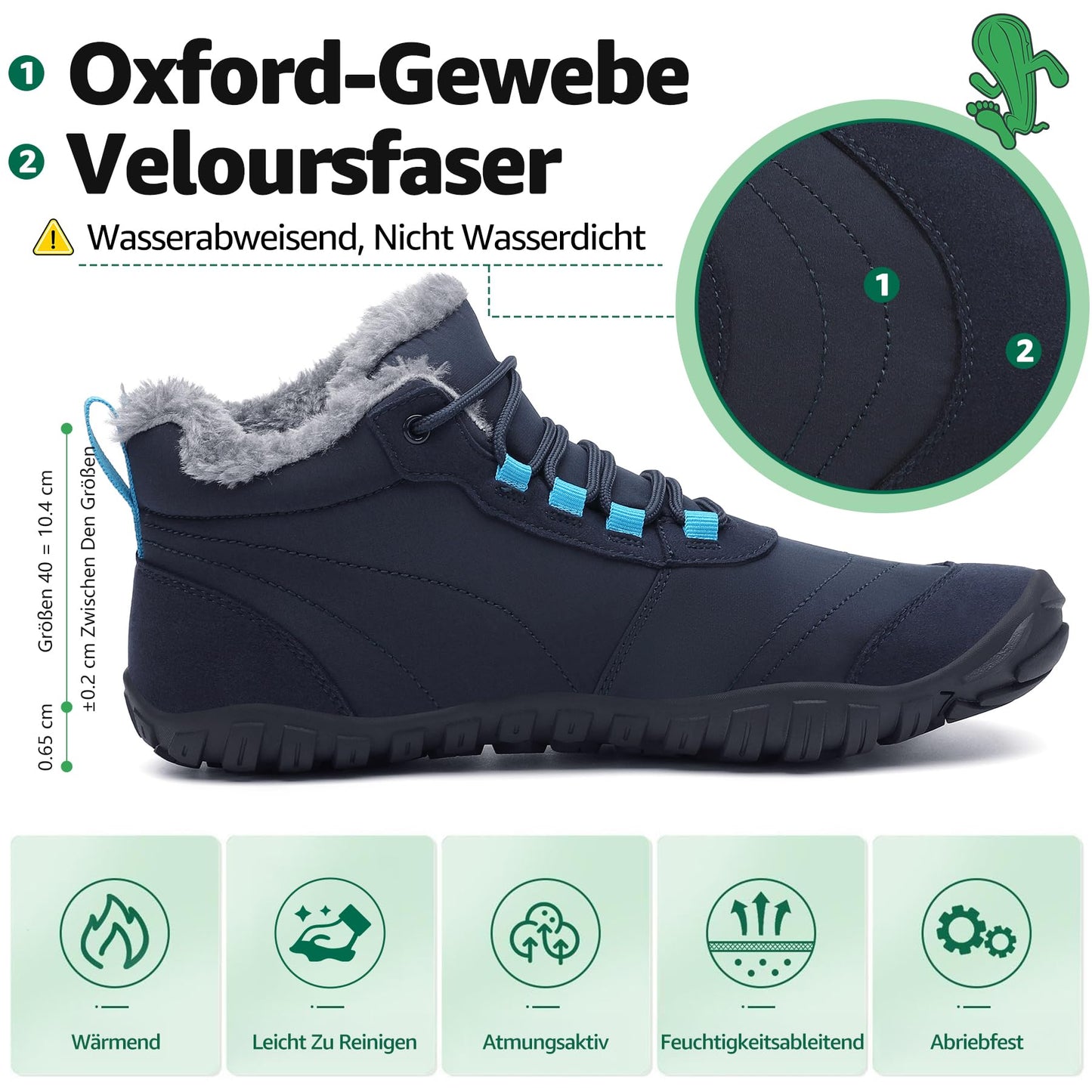 SAGUARO Winter barefoot shoes for women and men. Lined with water-resistant material. Dark blue, EU size 42. Ideal for outdoor activities in the winter.