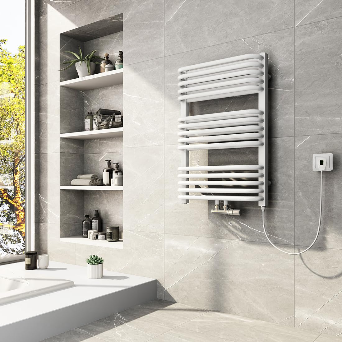 Meykoers electric towel radiator with heating element, 736 x 500mm white. Central connection for electricity and water. Bathroom heater towel dryer towel warmer.