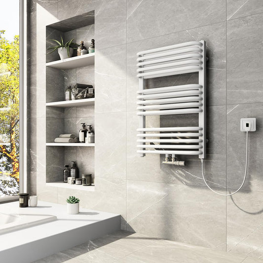 Meykoers electric towel radiator with heating element, 736 x 500mm white. Central connection for electricity and water. Bathroom heater towel dryer towel warmer.